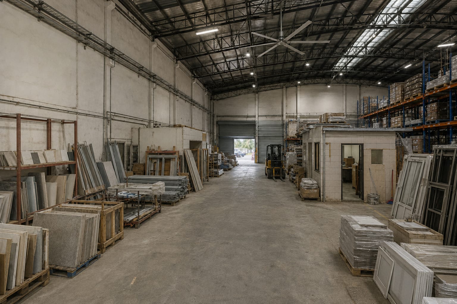 A building-material warehouse before conversion — high-bay steel roof, bare slab, ad-hoc racking, no customer route.