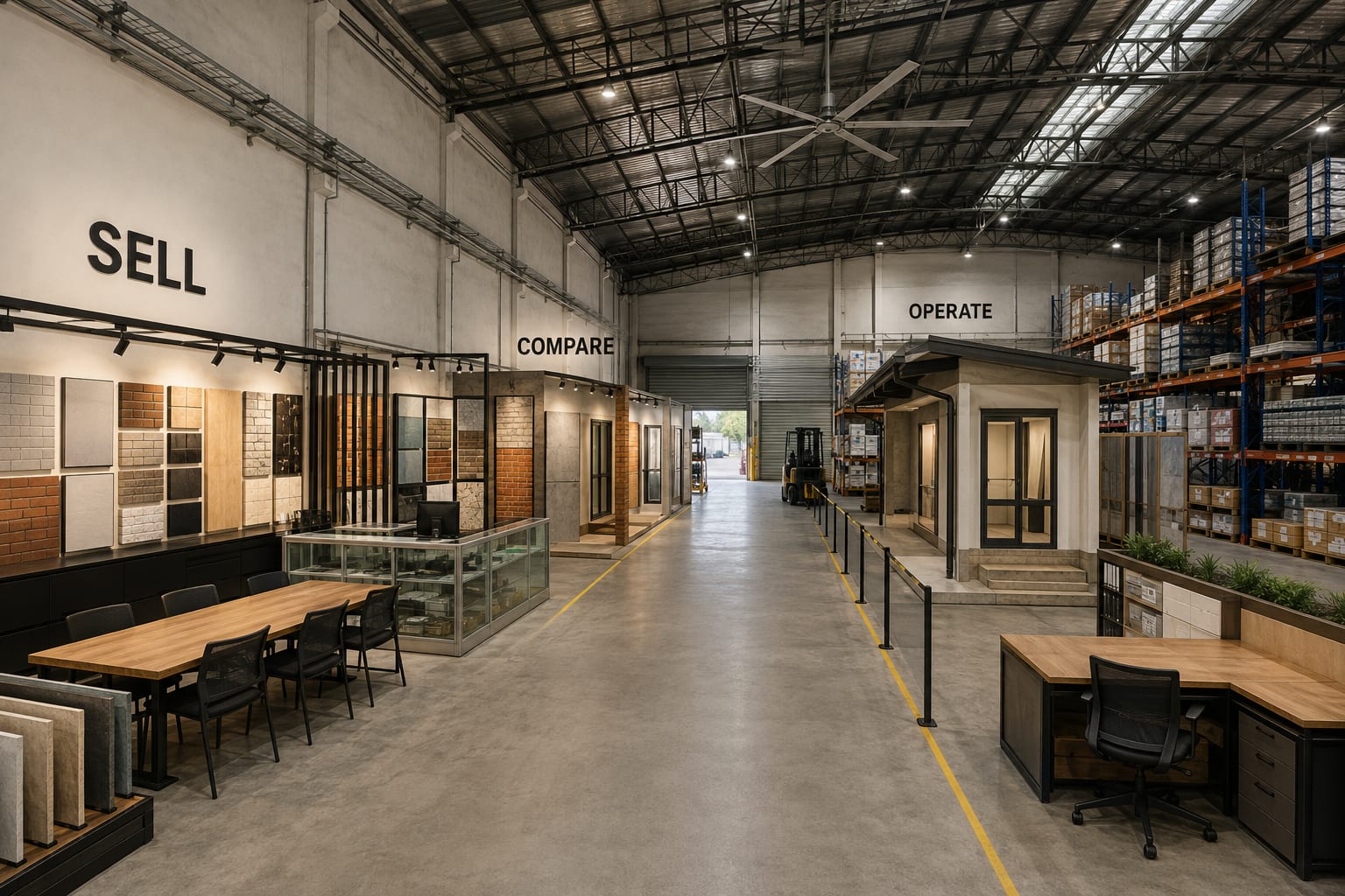 The same warehouse converted — front sell zone, middle compare zone, back operate zone, the structure kept.