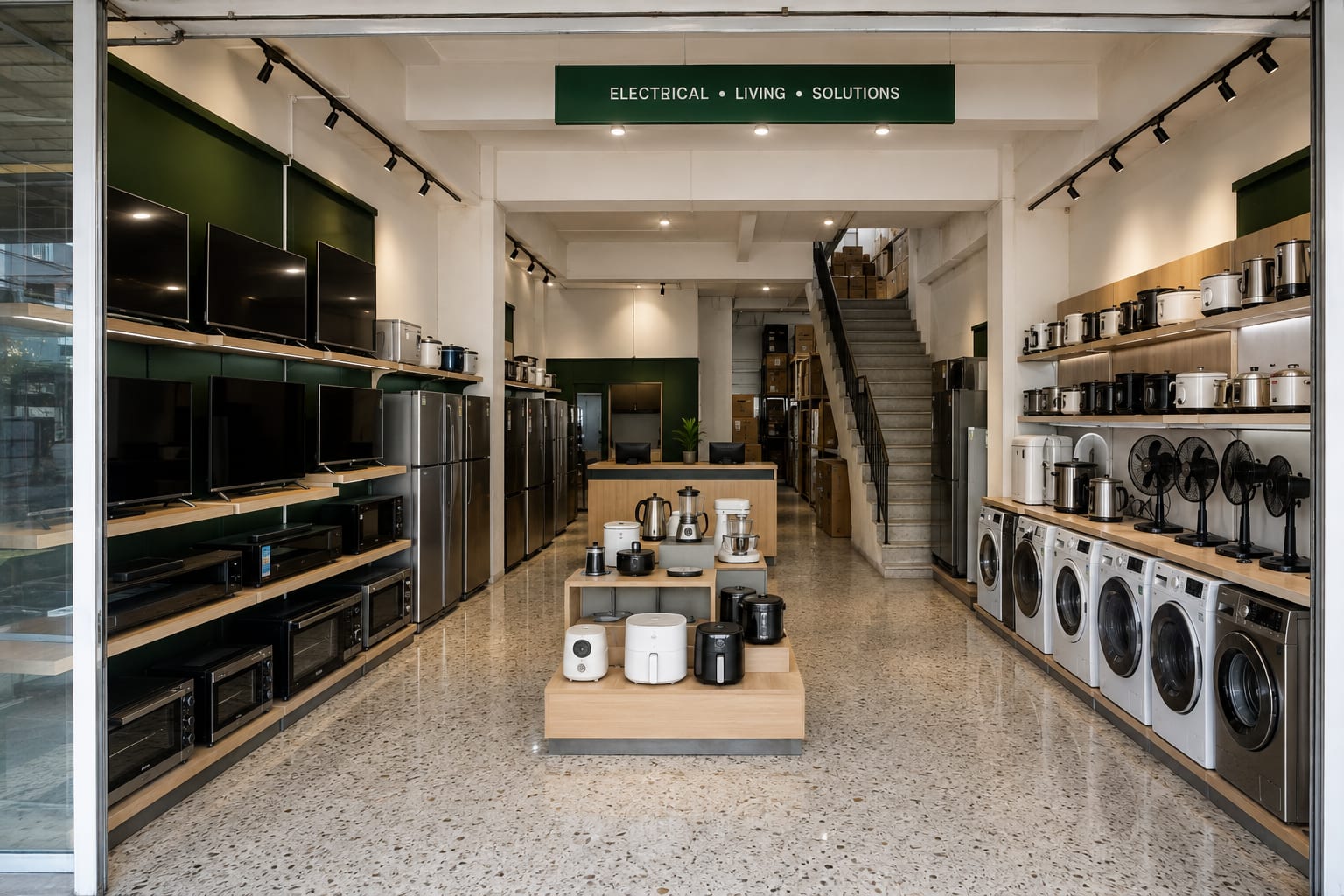 A two-storey appliance shoplot reset — terrazzo, staircase and shopfront frame kept, displays reorganised.