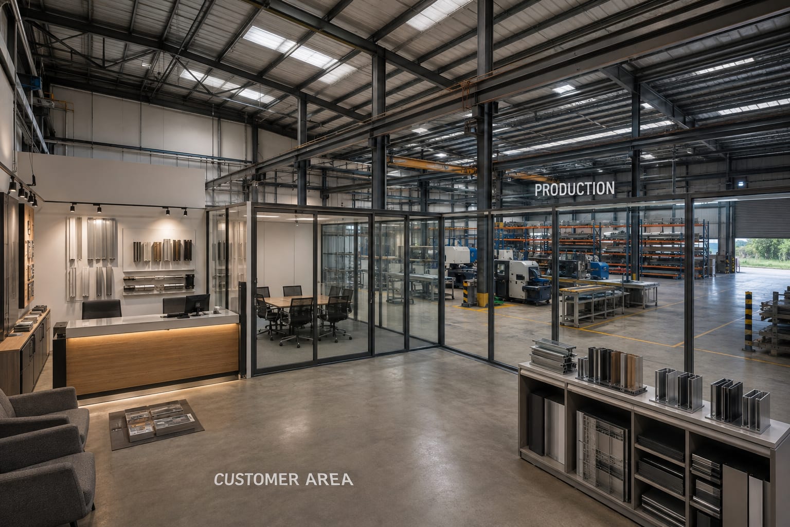 A factory front — reception and showroom inserted, production kept separate behind a glass partition.