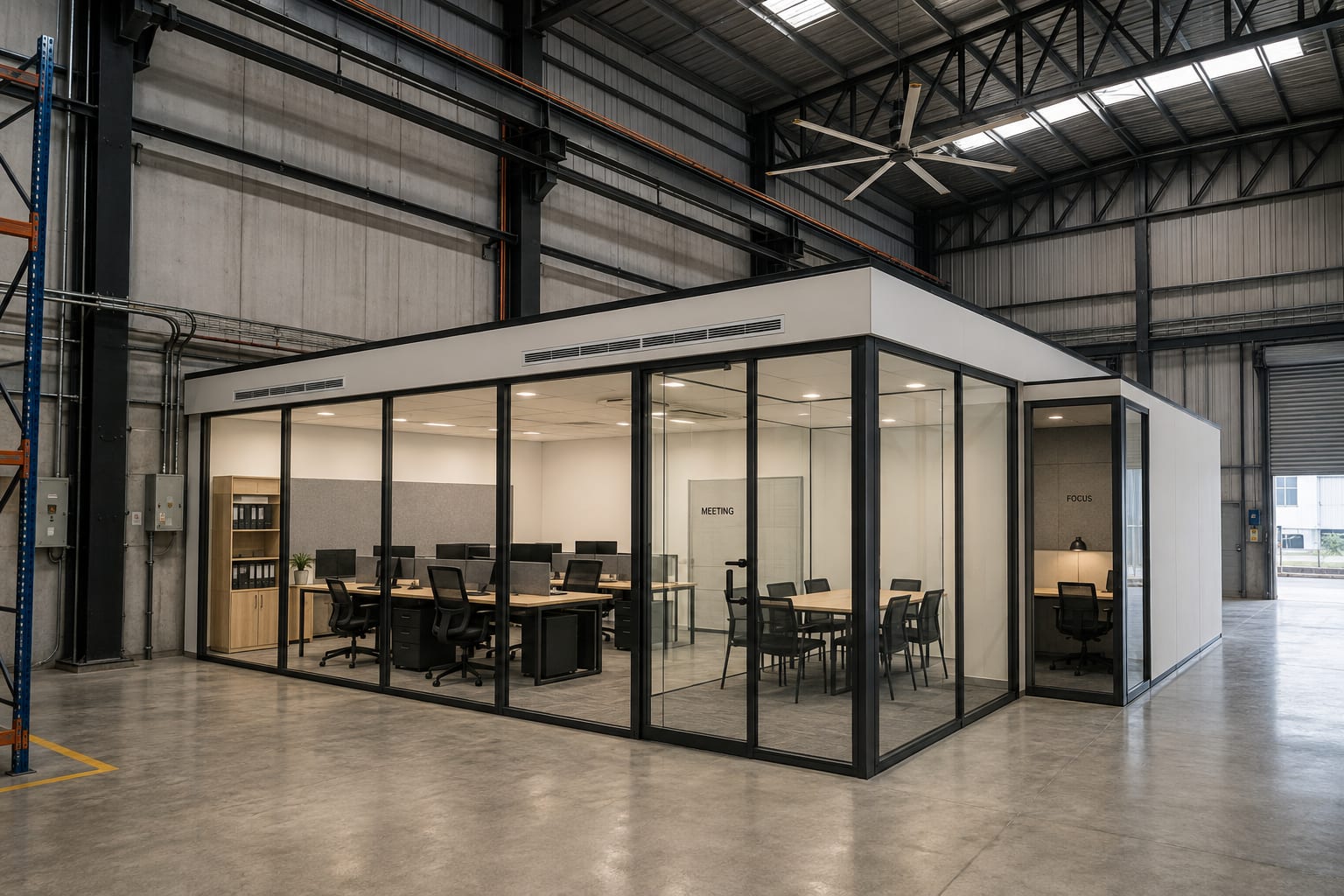 A clean modular office inserted into an industrial shell, the steel structure kept exposed around it.