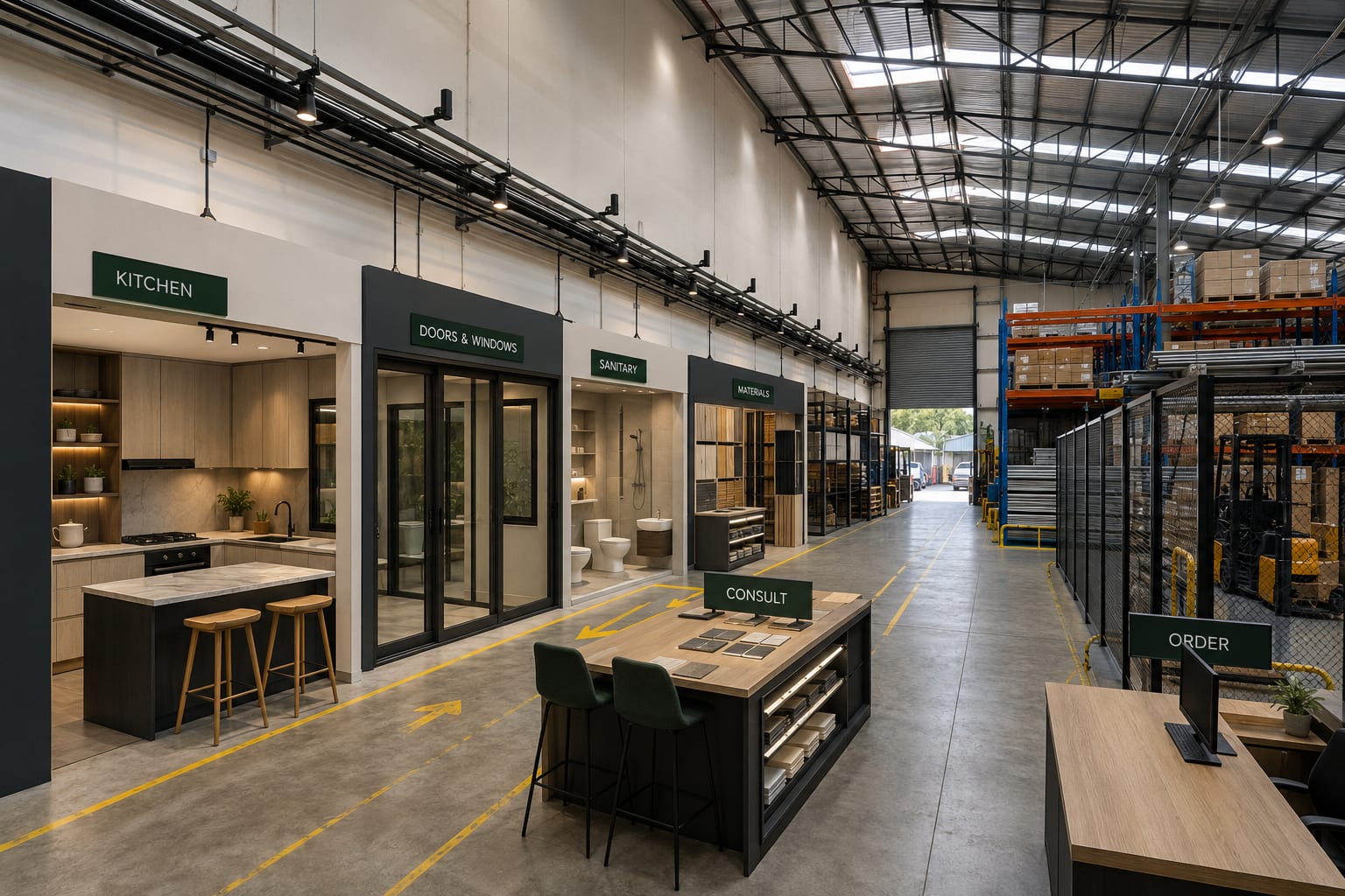 A trade showroom in a retained warehouse — kitchen, doors, sanitary and material vignettes, a guided route.