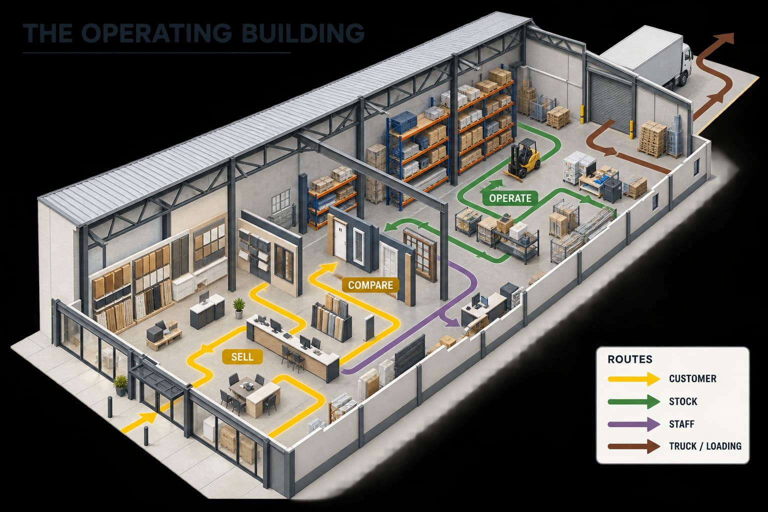 Cutaway of the operating building — customer, stock, staff and truck routes on one plan.