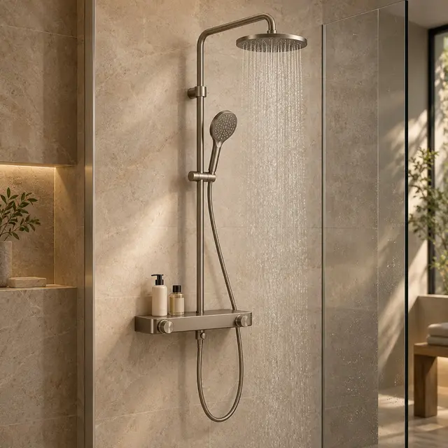 Shower with storage shelf — concept visual