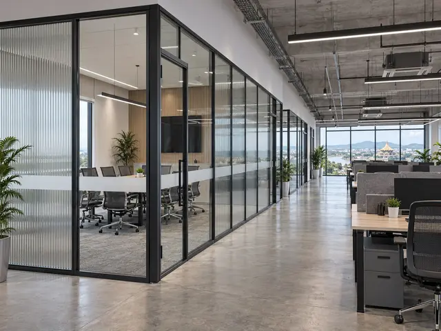 Aluminium-framed clear and fluted-glass office partition with a hinged glass door — concept visual