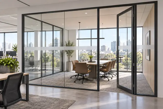 Office partition door-open view — meeting-room access and sightlines — concept visual