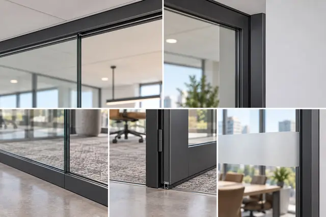 Office partition detail sheet — head track, jamb, floor channel, door threshold and glass manifestation — concept visual