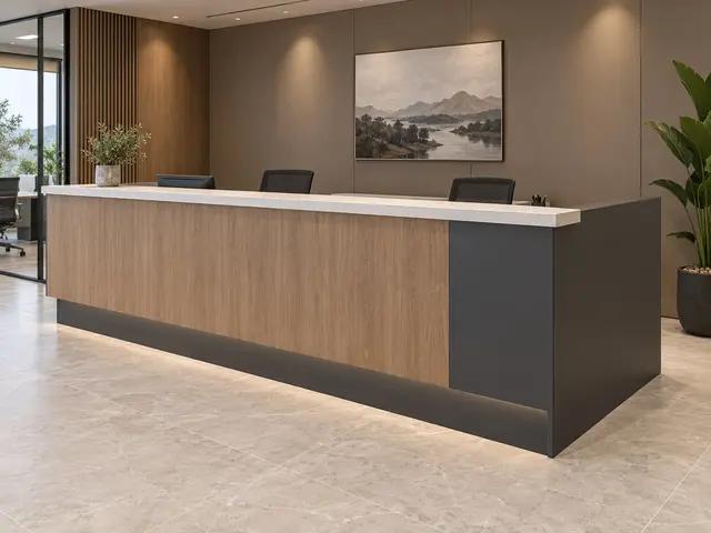 Made-to-measure reception counter with durable front panels and a concealed staff worktop — concept visual
