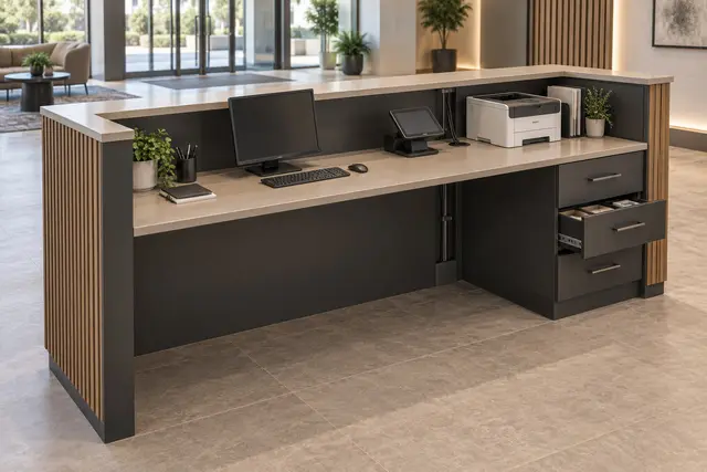 Reception counter staff side — worktop, drawers, printer and POS position, knee space and cable route — concept visual
