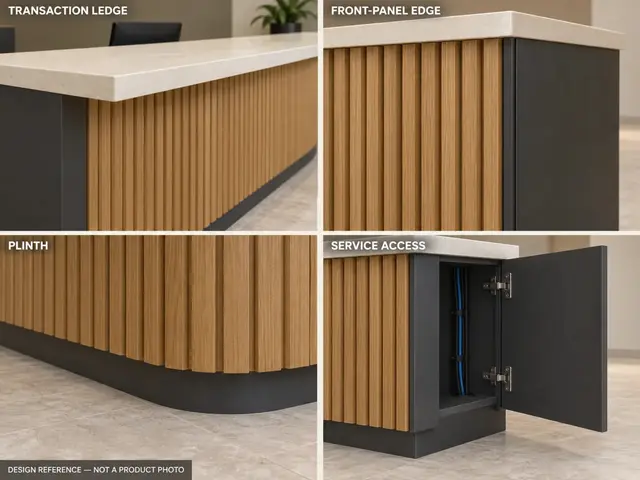 Reception counter detail — transaction ledge, front-panel edge, plinth and service-access junction — concept visual