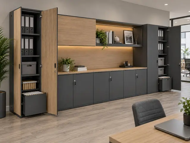 Lockable office storage, filing cabinets and a coordinated storage wall — concept visual