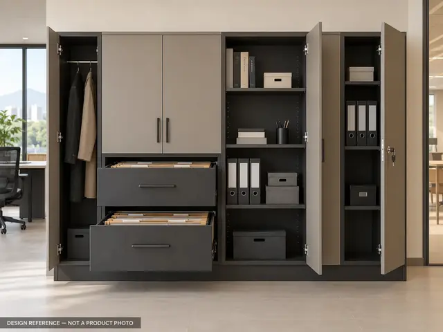 Office storage open view — filing drawers, adjustable shelves and lockable compartments — concept visual
