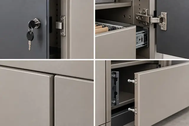 Office storage detail — lock, hinge and runner, edge finish and replaceable front — concept visual