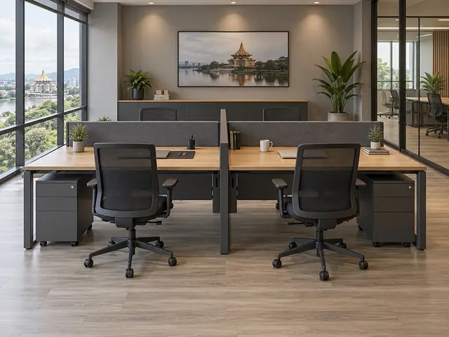 Four-person office workstation system with cable management, mobile pedestals and low desk screens — concept visual