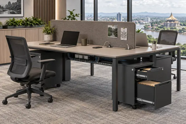 Office workstation operating view — pedestal open, cable tray and grommets visible — concept visual