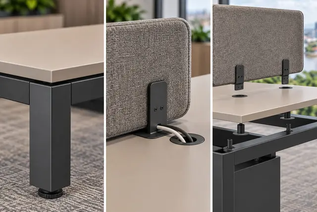 Office workstation detail — worktop-to-frame junction, screen fixing and replaceable top and panel — concept visual