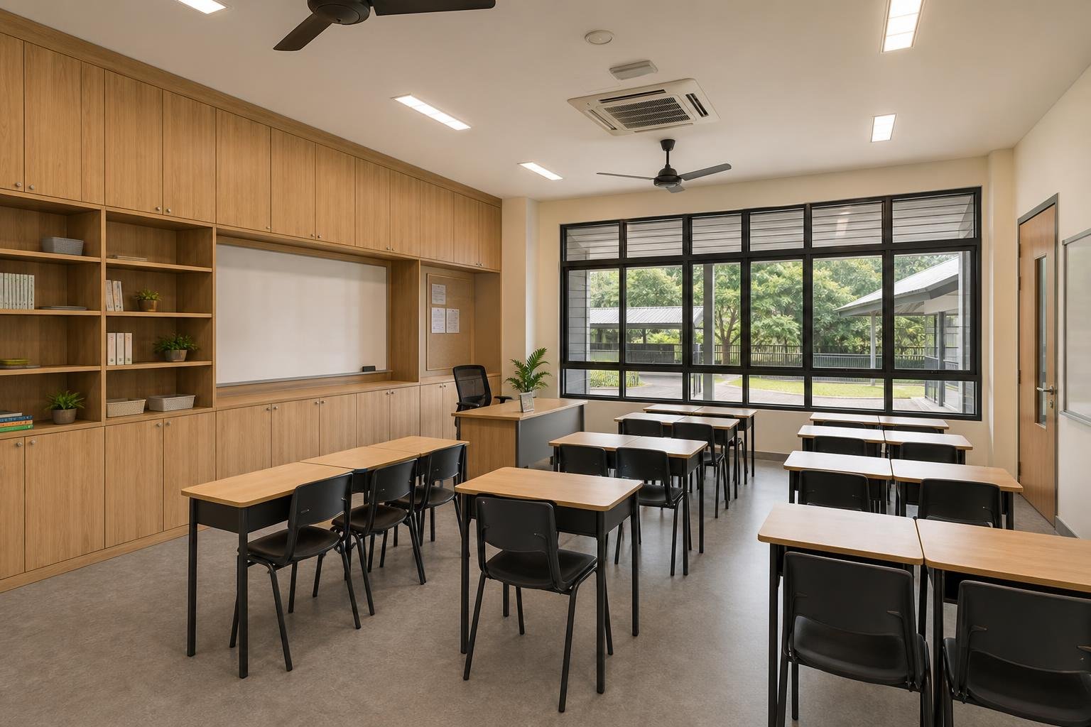 Classroom with timber storage wall, open shelving, whiteboard, pinboard and teacher desk.