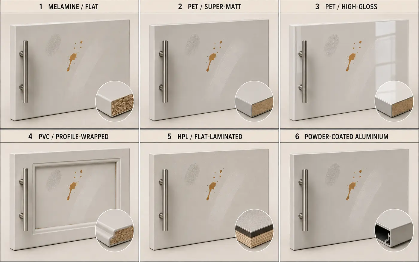 Front construction, coating and cleanability — options compared side by side