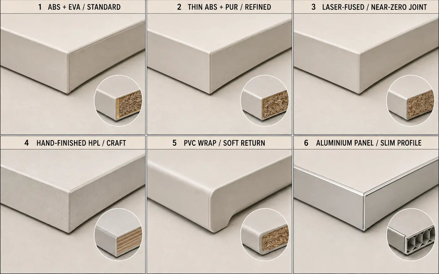 Edge sealing and visible edge quality — options compared side by side