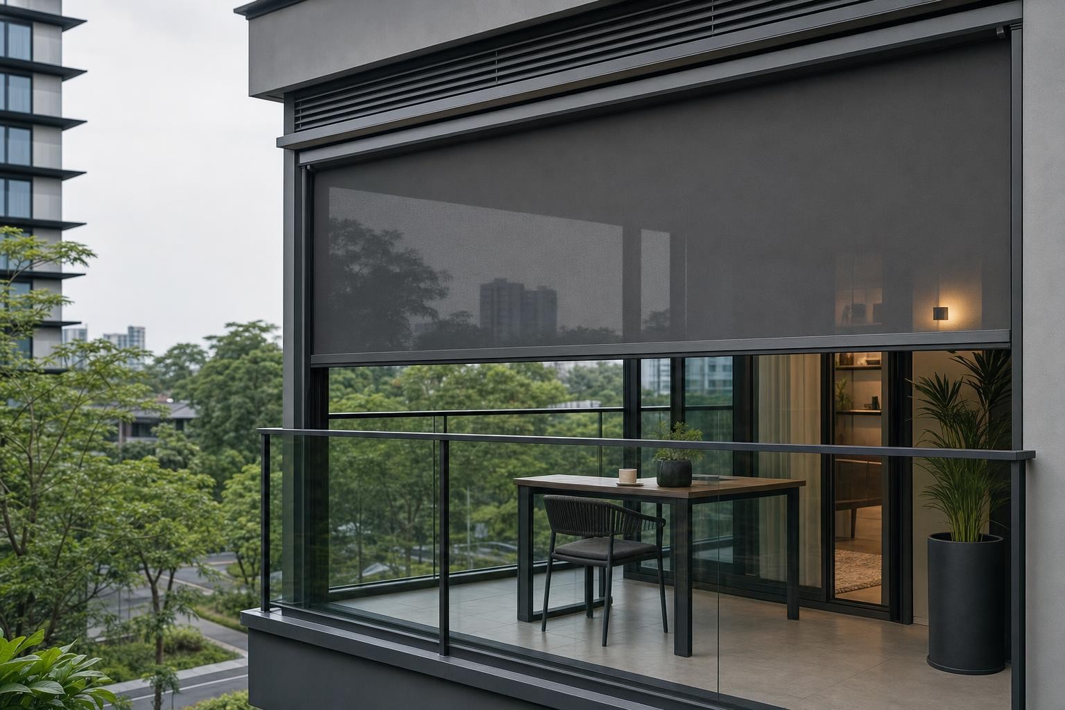 Zip-track weather screen · mesh zip screen lowered over condo balcony