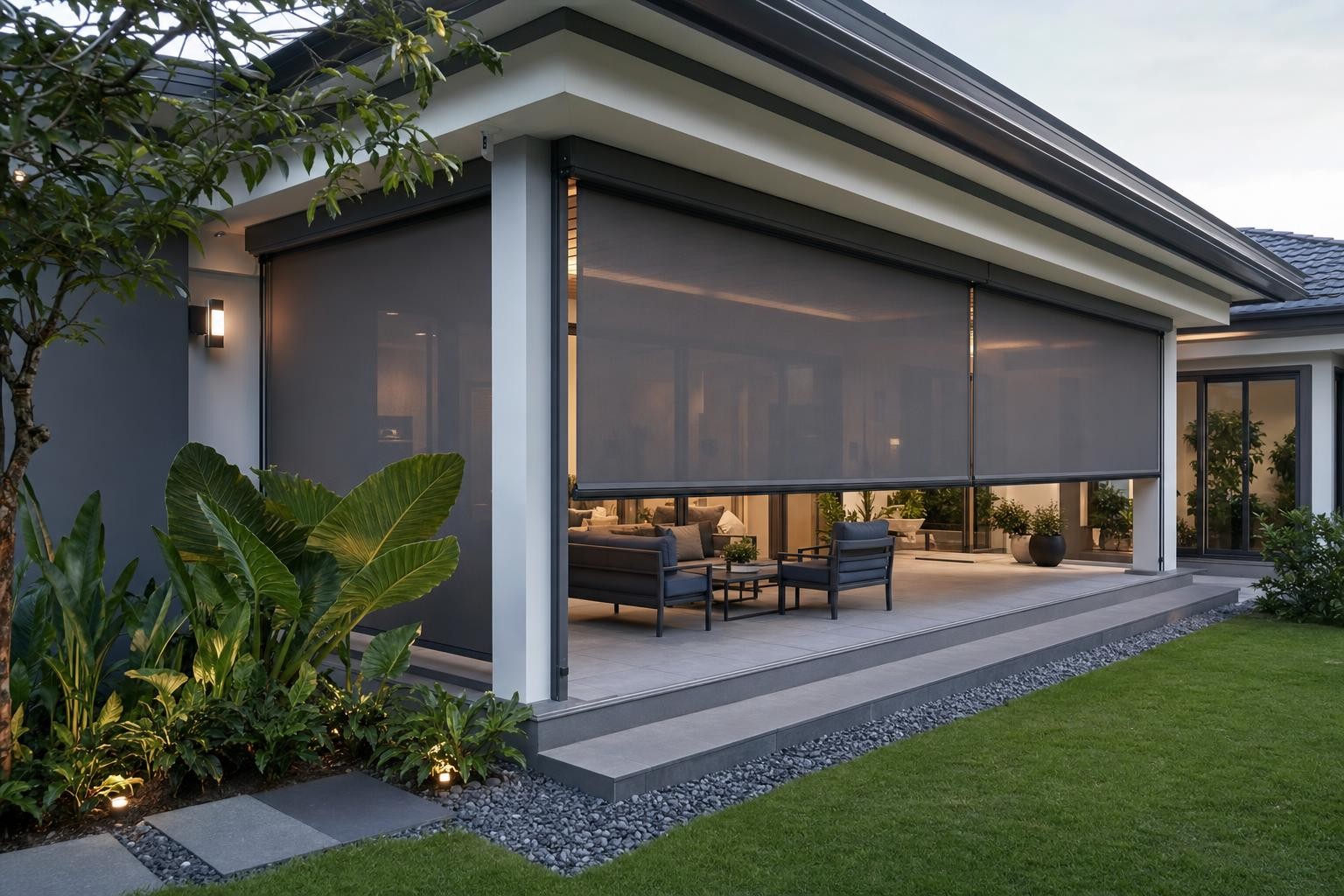 Zip-track weather screen · zip screens enclosing covered patio at dusk