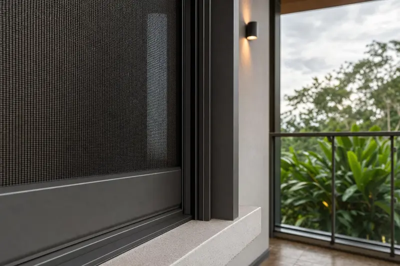 Zip-track weather screen · zip-track side channel and mesh close-up