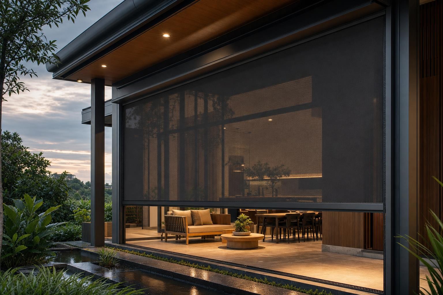 Zip-track weather screen · dark screen fully closing veranda opening