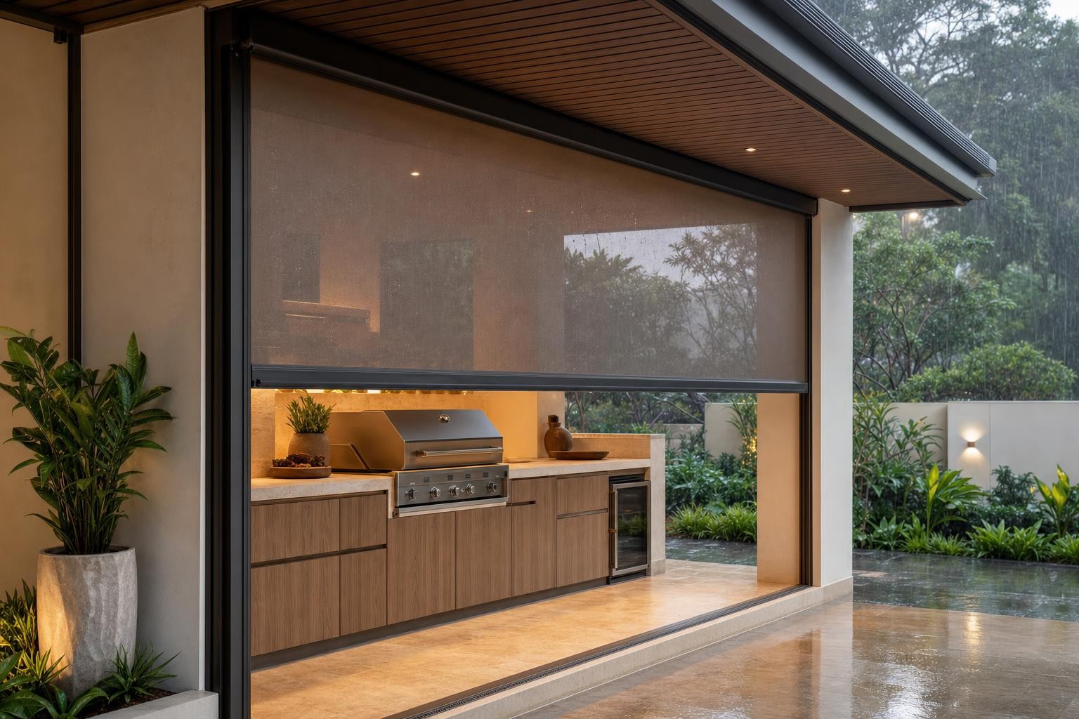 Zip-track weather screen · shielding outdoor kitchen from rain