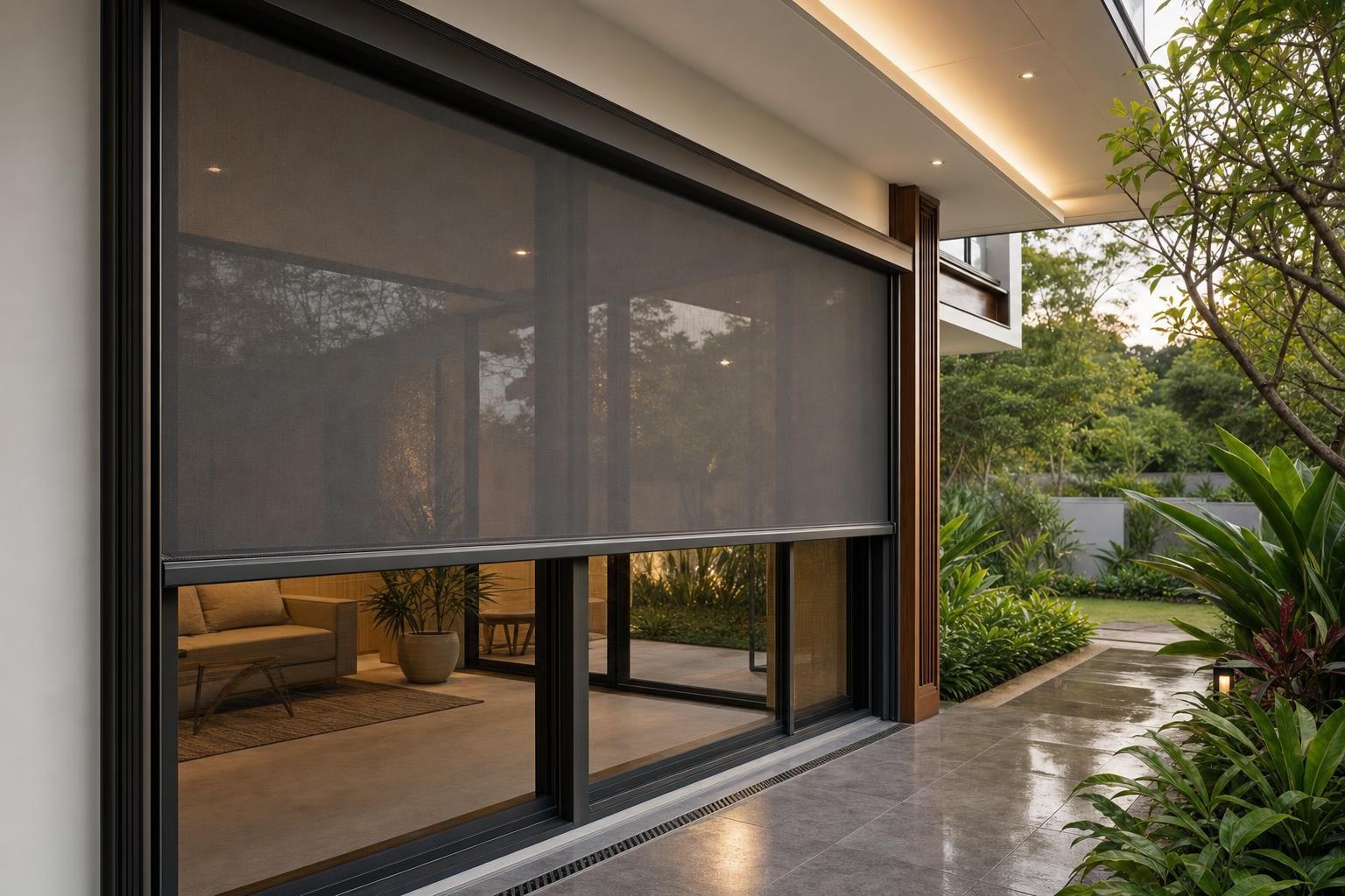 Zip-track weather screen · lowered across garden-side sliding doors