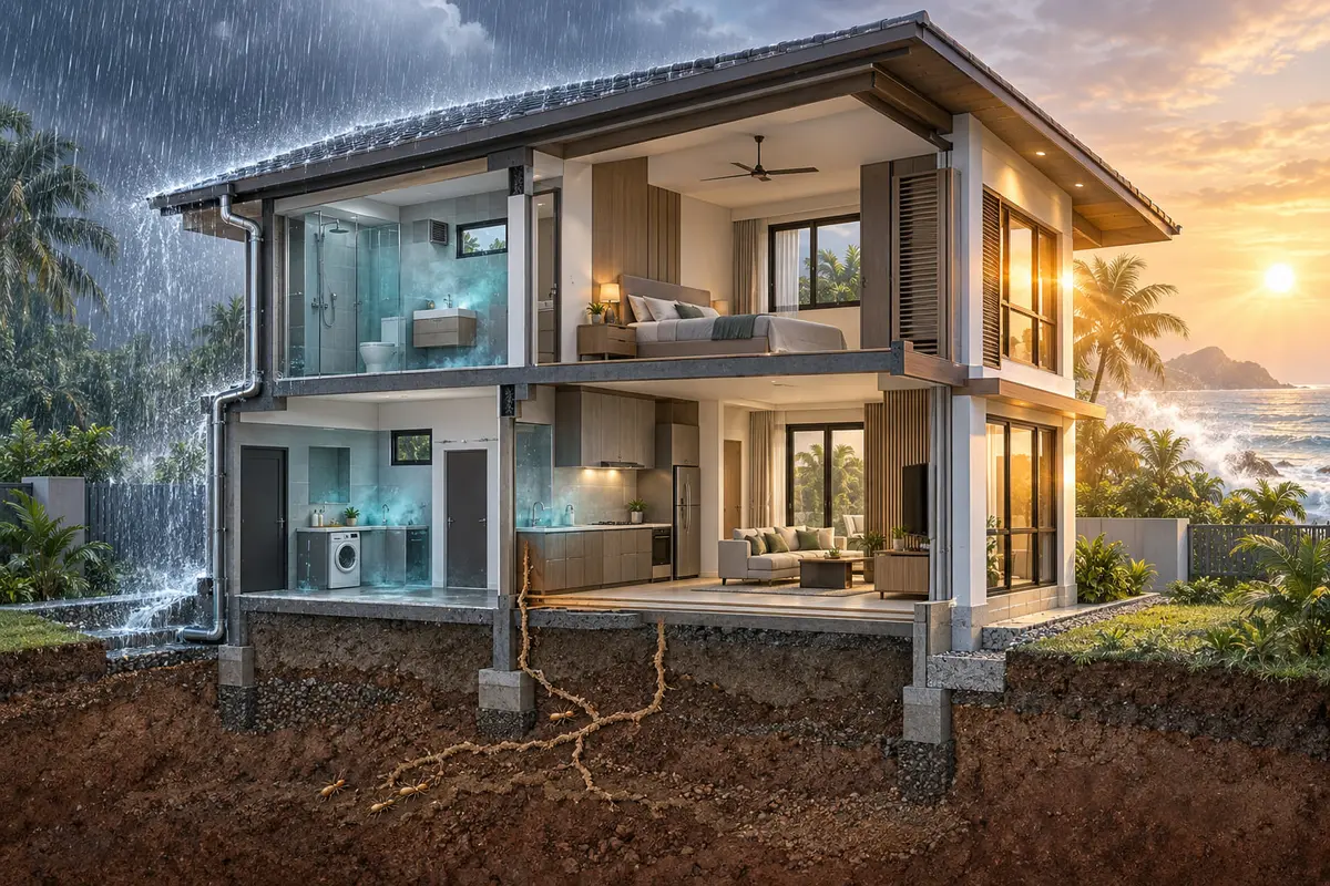 砂拉越住宅剖切示意图，显示暴雨、潮湿、白蚁、西晒及沿海盐雾的影响区域。