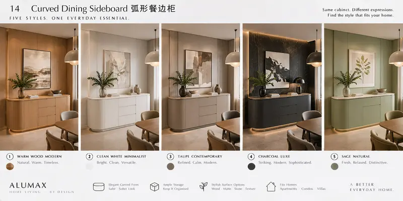 Curved dining sideboard · five finishes