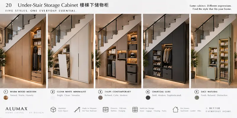 Under-stair storage cabinet · five finishes