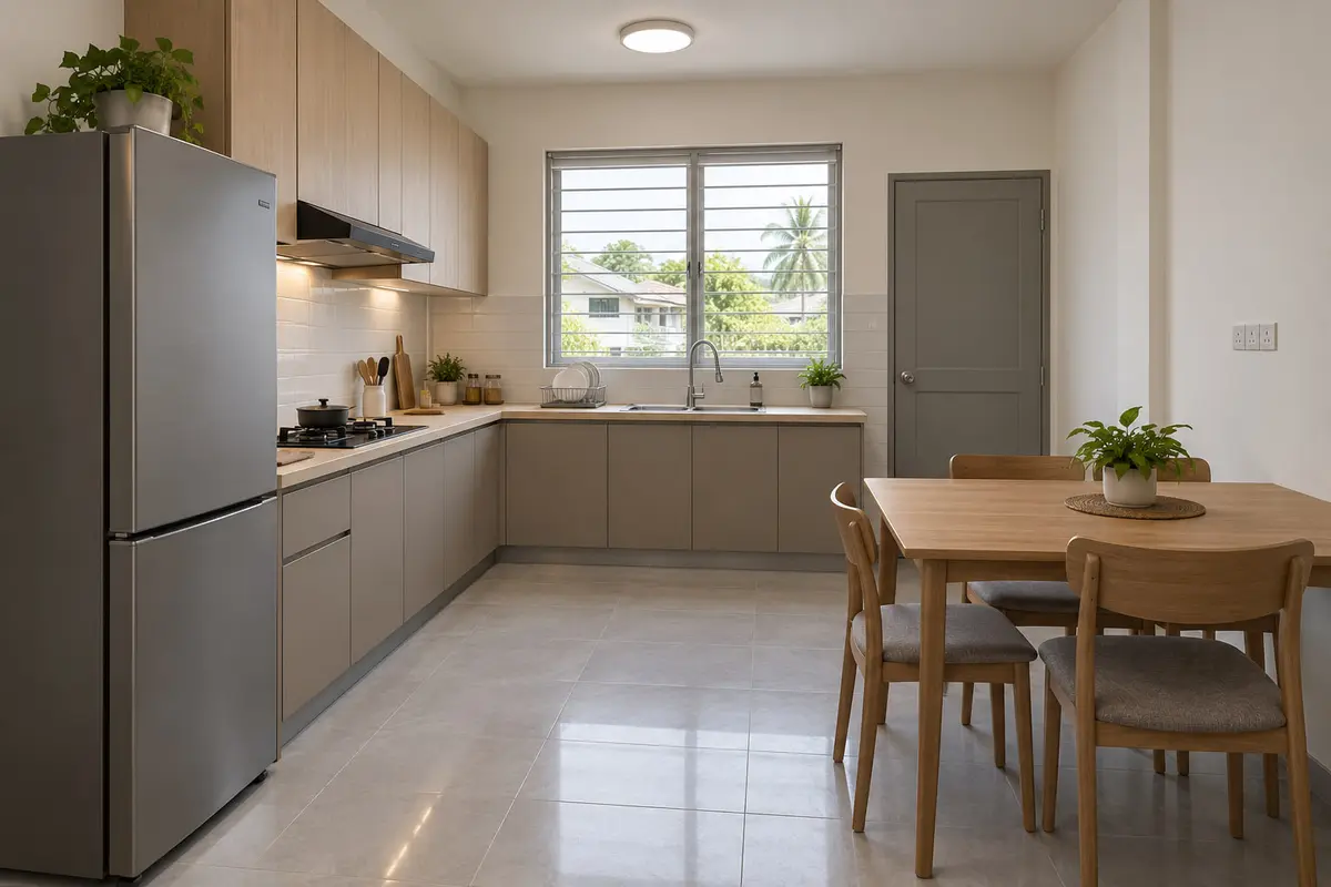 Band A — the terrace kitchen with plain base and wall cabinets, a louvre window, a basic hood and a four-seat dining table.