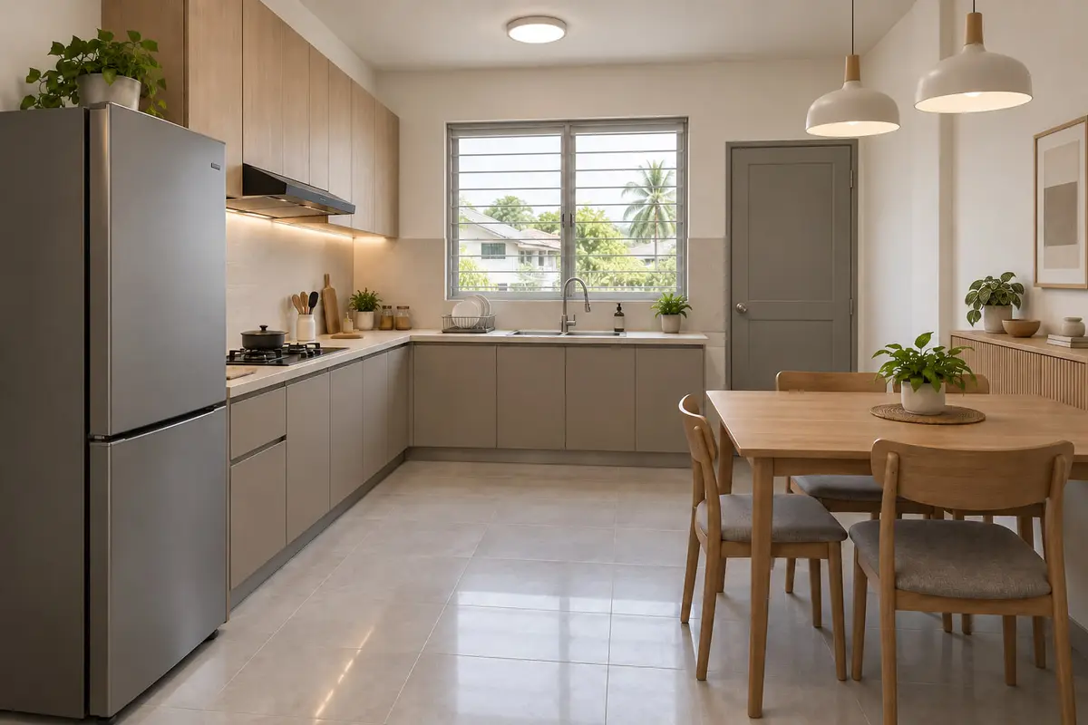 Band B — the kitchen with under-cabinet lighting, two pendants over the table, a stone-look splashback and a slat-front sideboard.