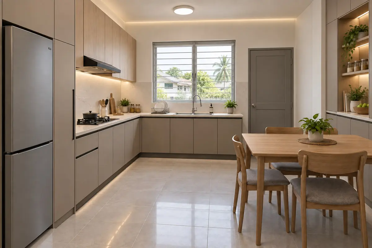 Band C — the kitchen with the fridge housed in a tall cabinet run, handleless fronts, a perimeter cove and a lit display niche.