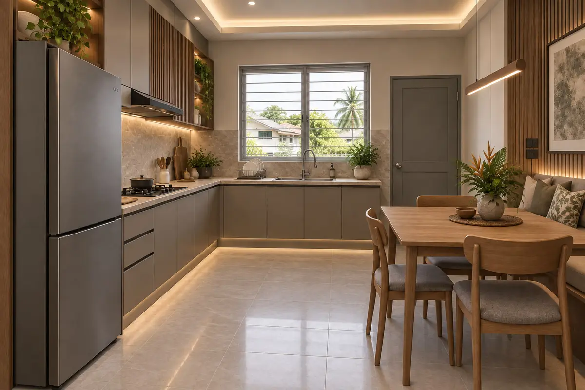 Band D — the kitchen with a layered ceiling, slat panels, a linear pendant, a banquette bench and plinth lighting.