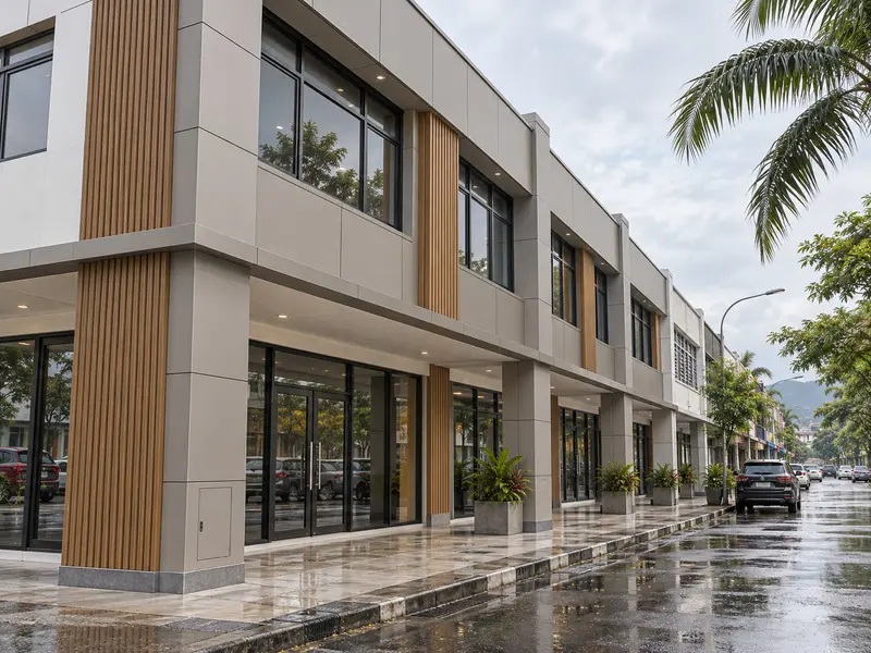 Sistem pelapisan aluminium (rujukan reka bentuk) · Drained and ventilated aluminium-clad shoplot facade with expressed joints and service access
