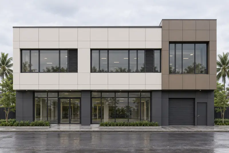 Sistem pelapisan aluminium (rujukan reka bentuk) · Exterior cladding front elevation — panel module, joint alignment and material zoning