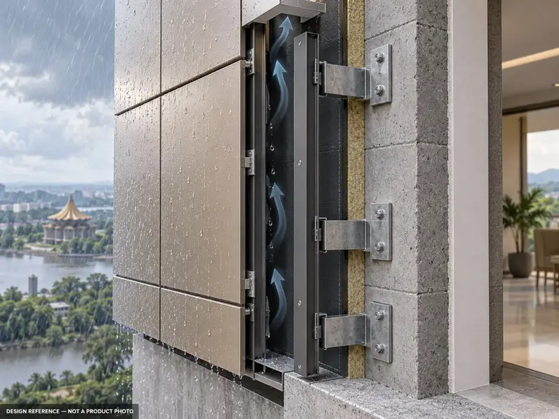 Sistem pelapisan aluminium (rujukan reka bentuk) · Exterior cladding cutaway — cladding, subframe, ventilated and drained cavity and substrate
