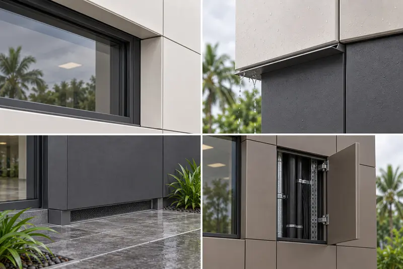Sistem pelapisan aluminium (rujukan reka bentuk) · Exterior cladding detail sheet — window perimeter, drip edge, base termination and removable service panel