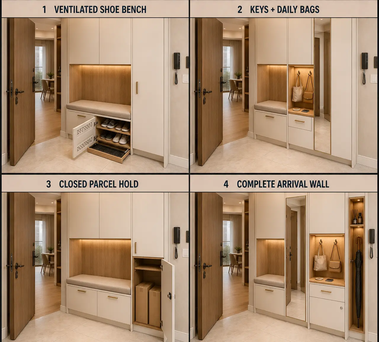 Entry drop zone and storage — options compared side by side