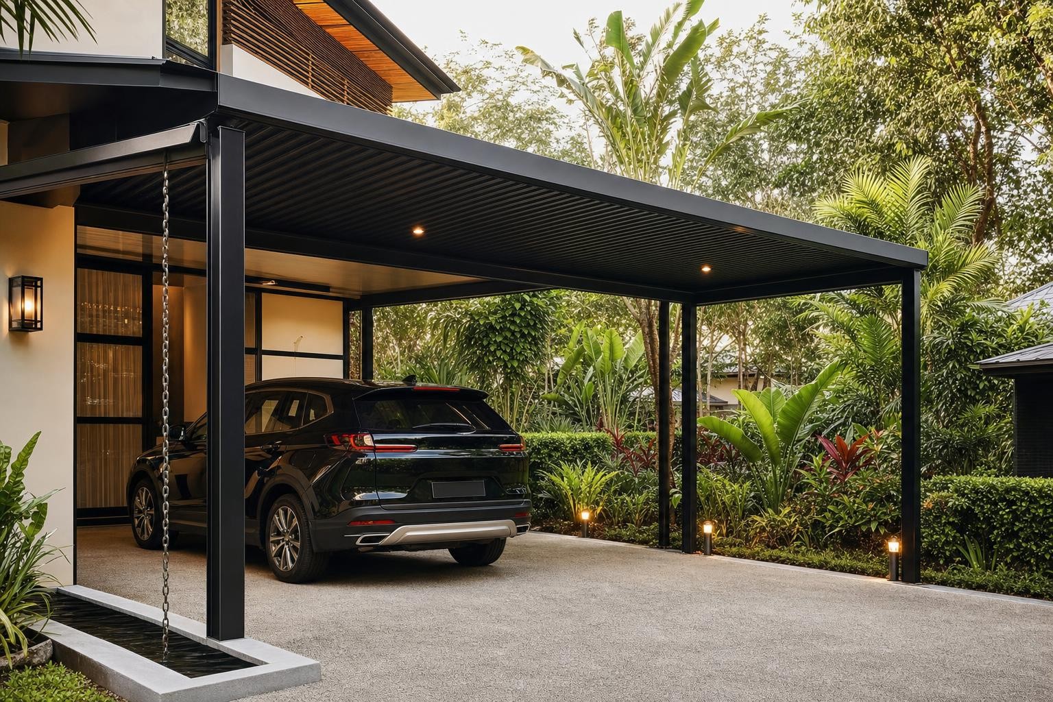 Canopy & entrance shelter · flat-roof carport canopy over parked SUV