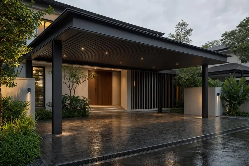 Kanopi & tempat teduh pintu masuk · entry porte-cochere canopy over driveway