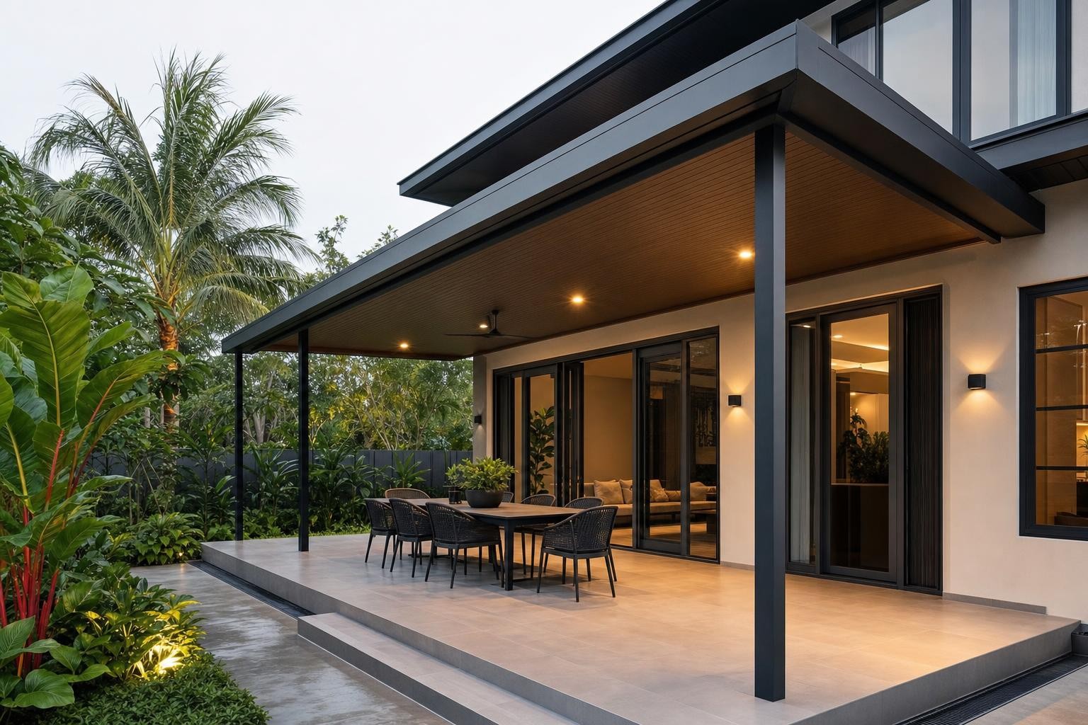 Canopy & entrance shelter · flat-roof canopy over dining terrace