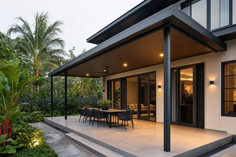 Kanopi & tempat teduh pintu masuk · flat-roof canopy over dining terrace
