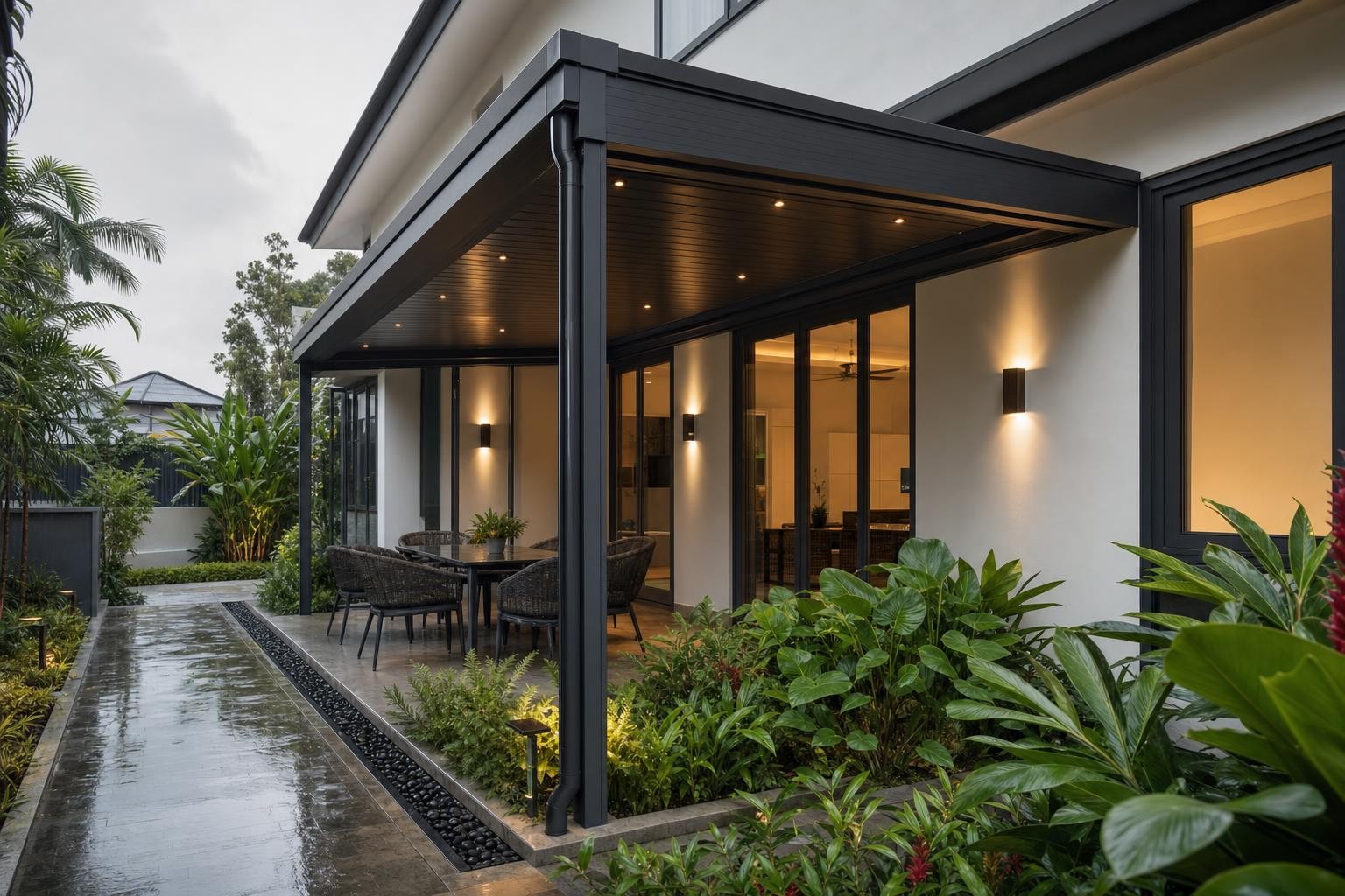 Canopy & entrance shelter · flat-roof canopy over terrace at dusk