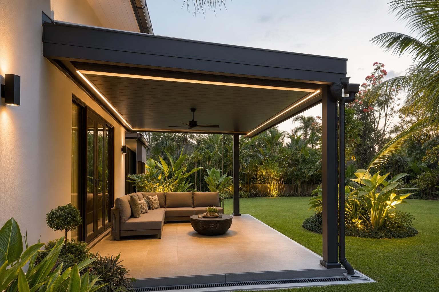 Canopy & entrance shelter · lit flat-roof canopy over lounge terrace