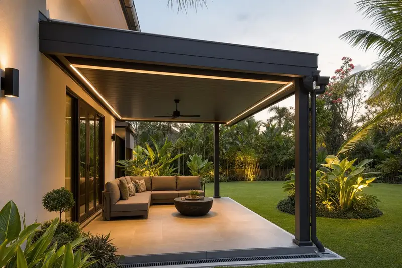 Kanopi & tempat teduh pintu masuk · lit flat-roof canopy over lounge terrace