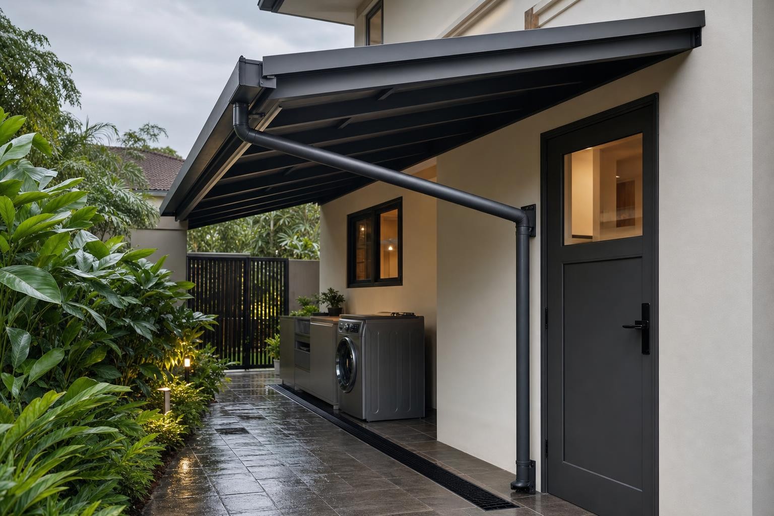 Canopy & entrance shelter · tie-rod canopy over service yard laundry