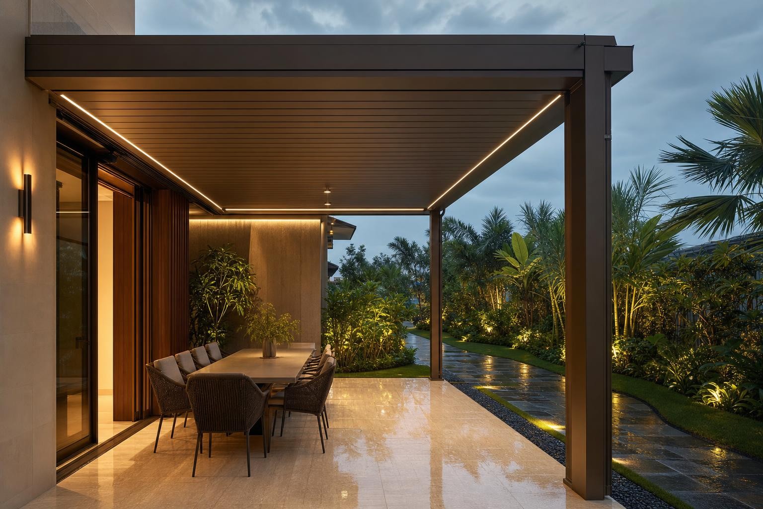 Canopy & entrance shelter · flat-roof canopy over dining terrace at dusk